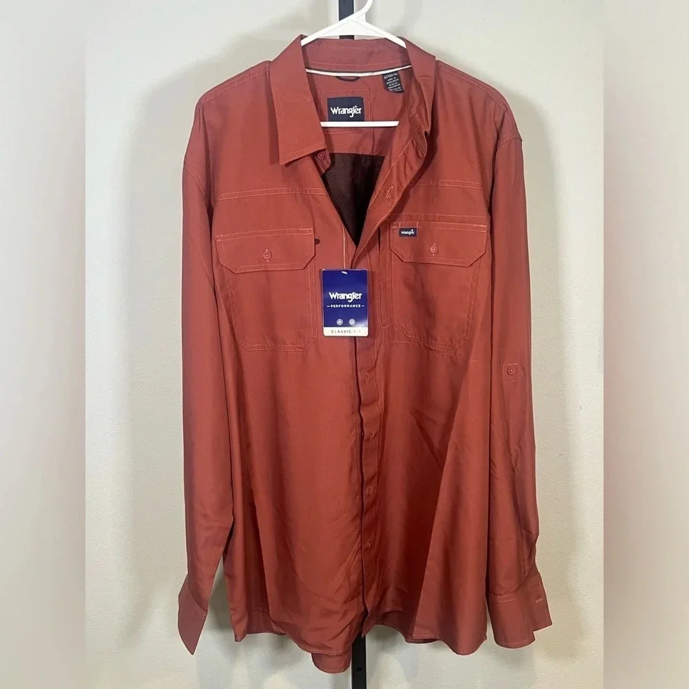 NWT MEN'S WRANGLER PERFORMANCE BUTTON FRONT LONG SLEEVE SOLID SHIRT Men’s XL - Picture 1 of 3